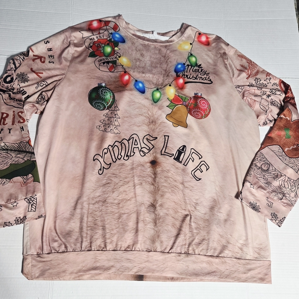 Christmas Ugly Sweatshirt Man Bod Tattooed Topless‎ Hairy Skull New Sz 2XL